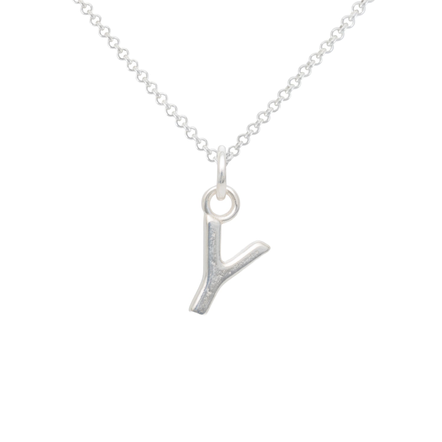 Silver 'y' pendant on a chain against a white background