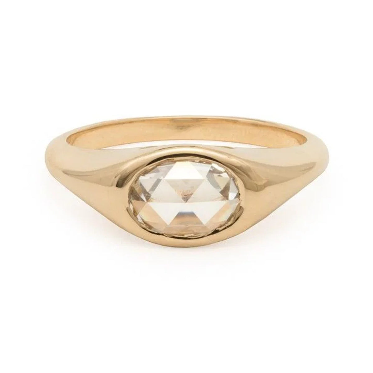 Yara oval rose cut lab diamond ring in polished 14k gold, bezel set, front view