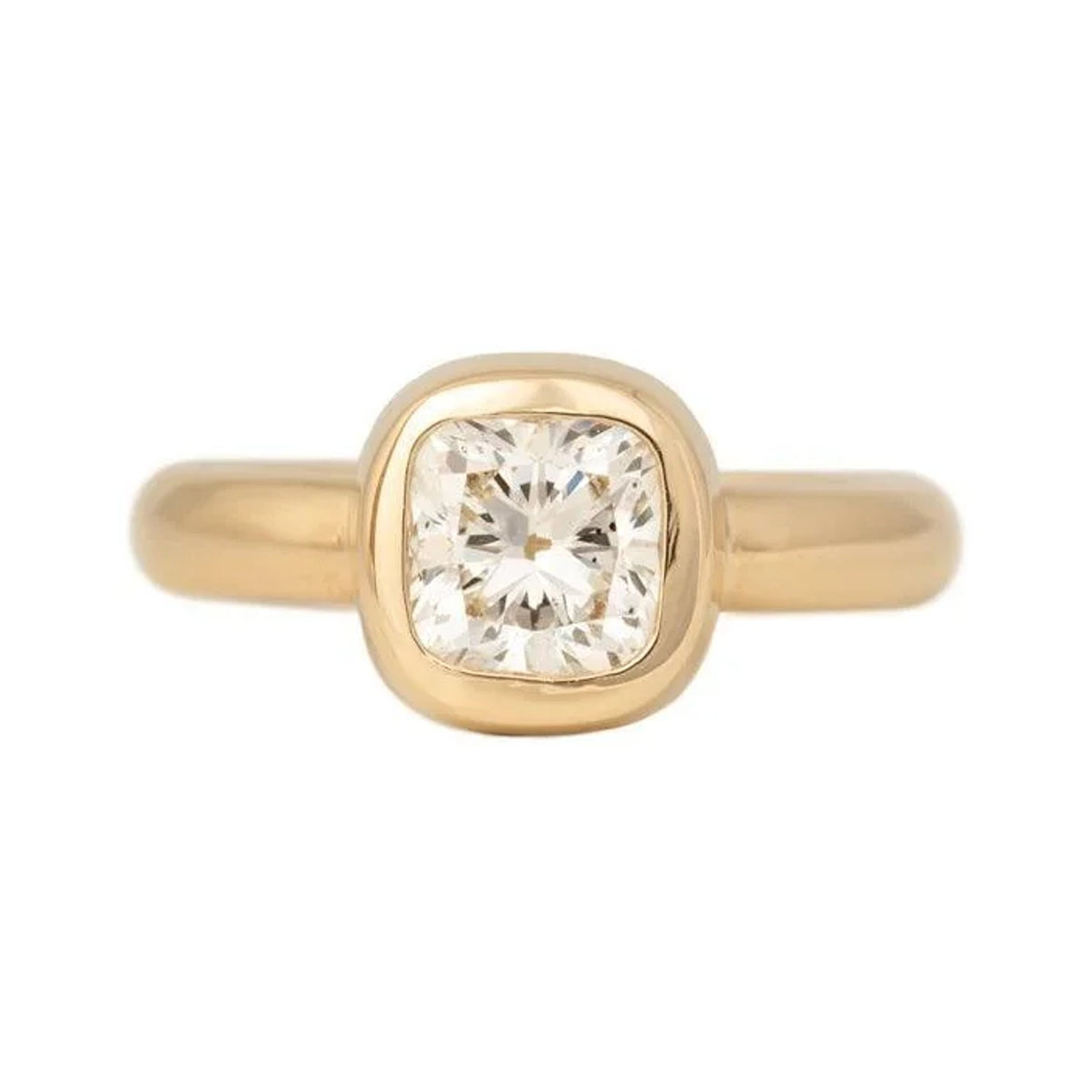 Yevheniia 2.05ct cushion lab diamond ring, bezel set in 14k gold, front view