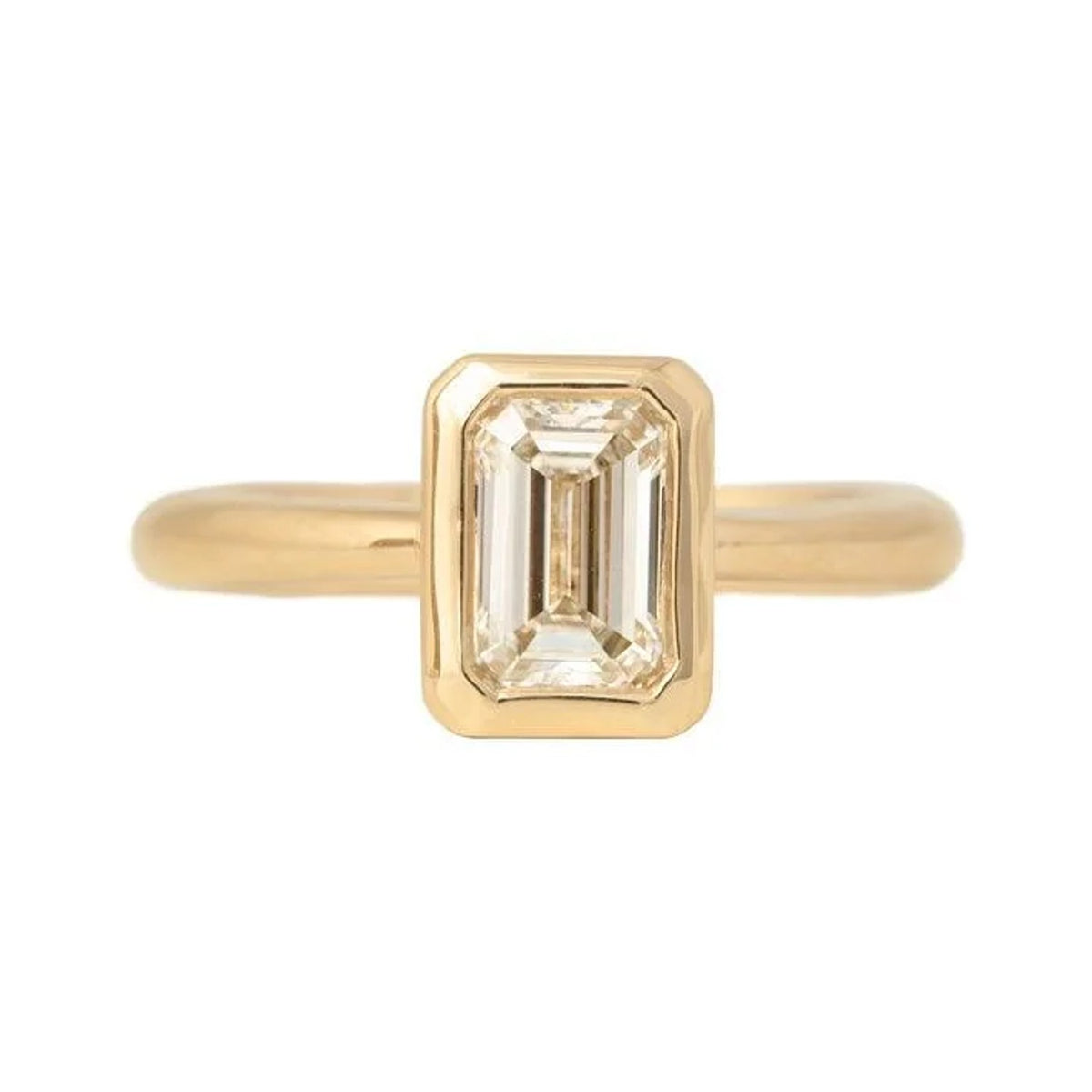Yevheniia ring with a 1.33ct emerald cut lab grown diamond bezel set in 14k gold, front view