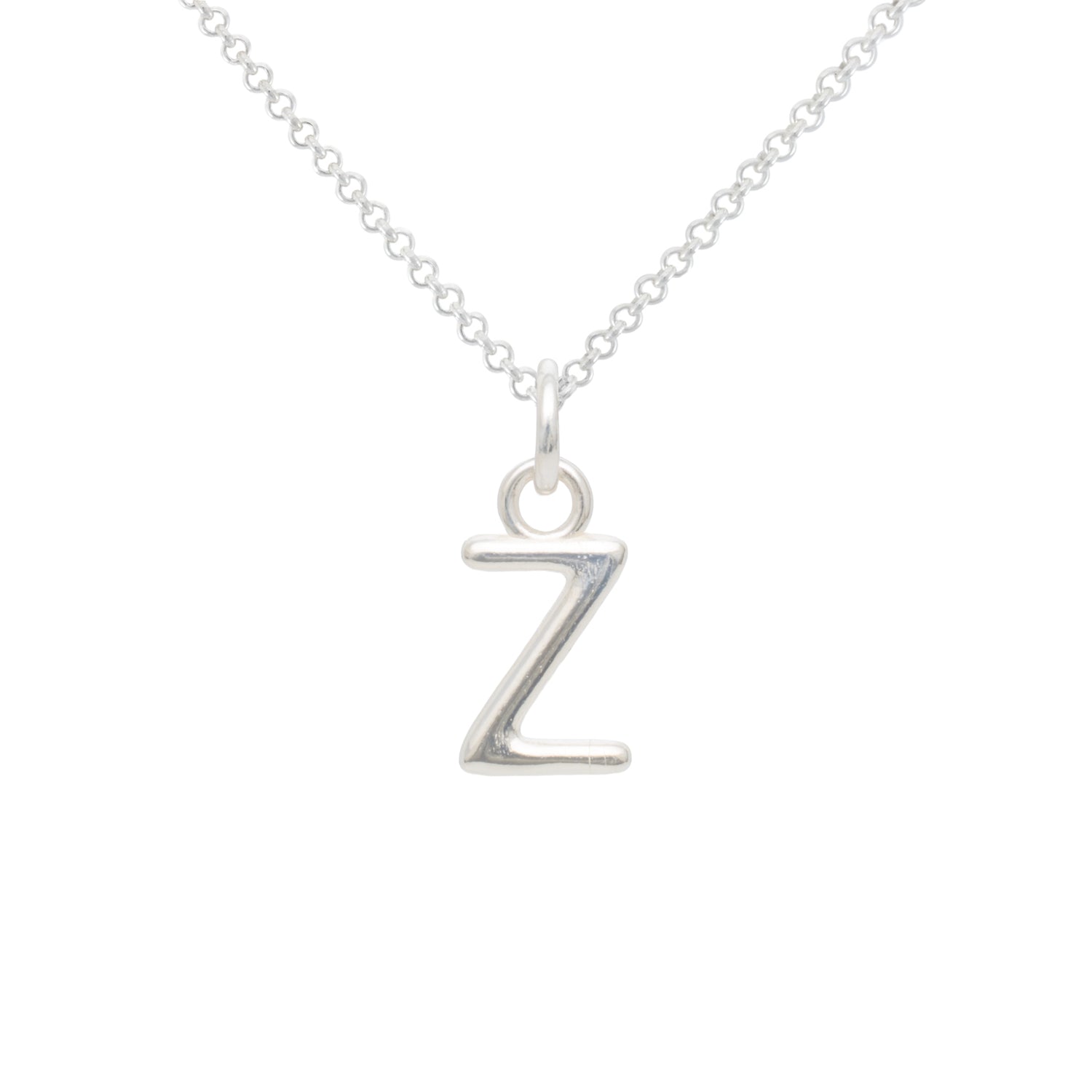 Silver necklace with a 'Z' pendant on a white background