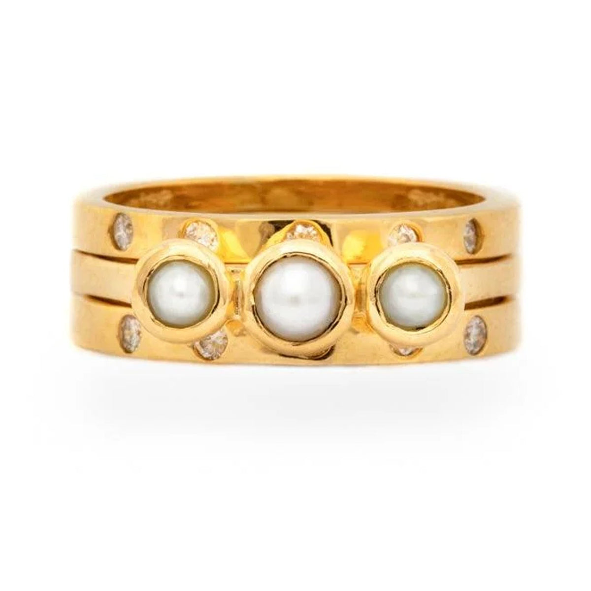Abigail pearl and diamond wedding ring: three stacked bands with three bezel-set pearls and flush-set diamonds