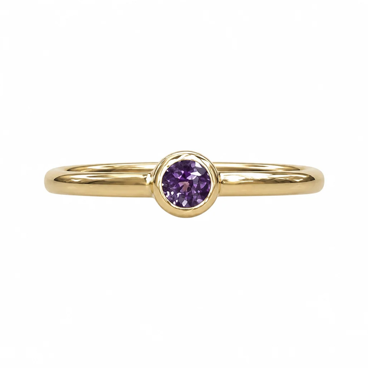 Kat Cadegan 14k gold ring with round purple gemstone bezel.