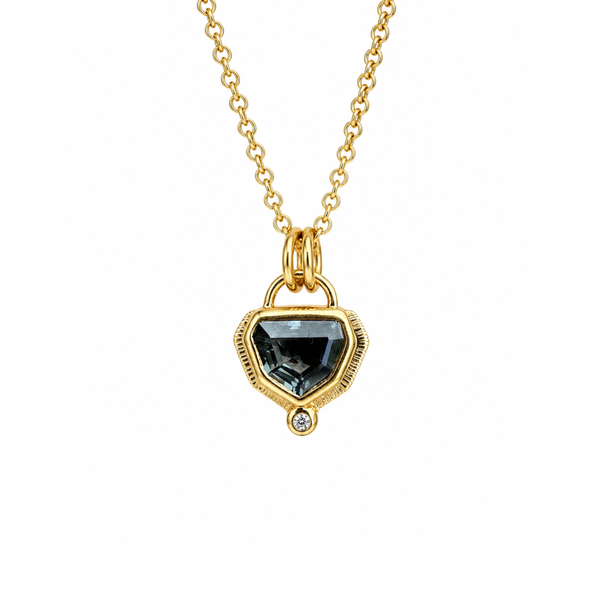 Gold Pendant with Spinel Centre stone and diamond at the base of pendant 