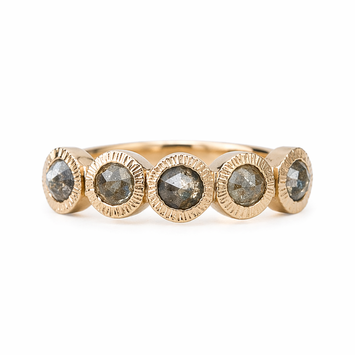 5 salt and pepper rose cut diamonds set in 14k yellow gold