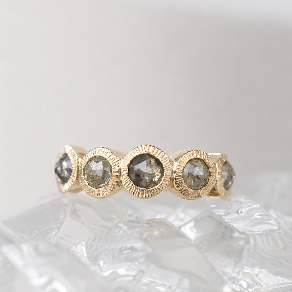 5 rose cut salt and pepper diamonds set in 14k yellow gold
