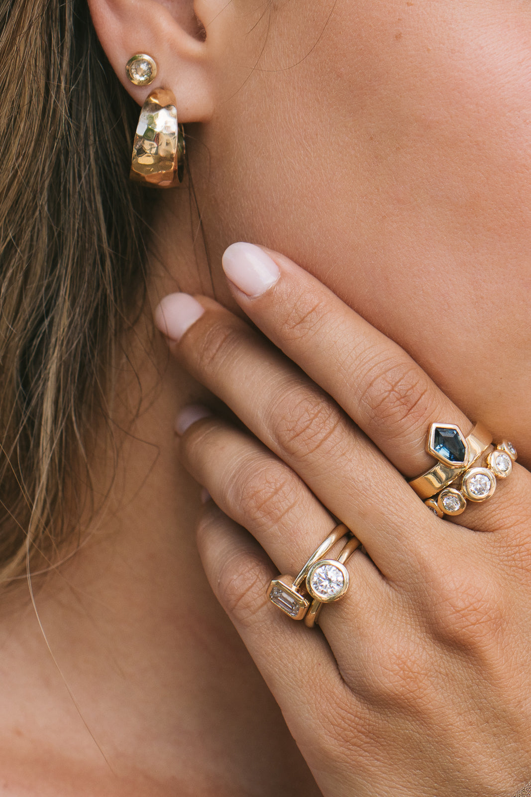 Kat Cadegan Jewellery  - Gold hammered hoops and diamond studs