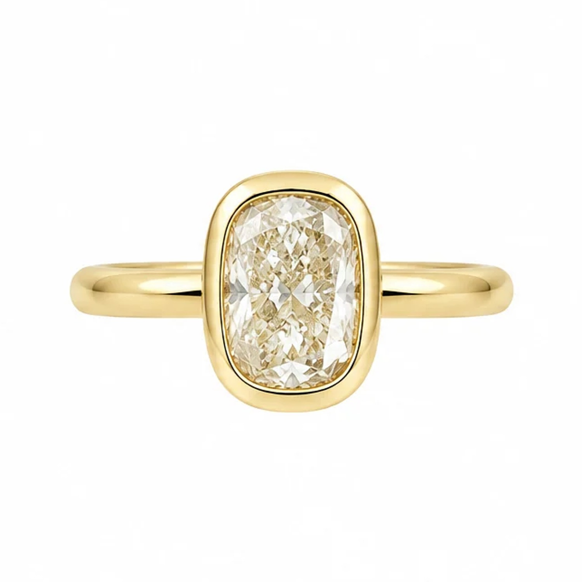 Yevheniia engagement ring with a 2 ct elongated cushion lab-grown diamond in yellow gold, on a white background