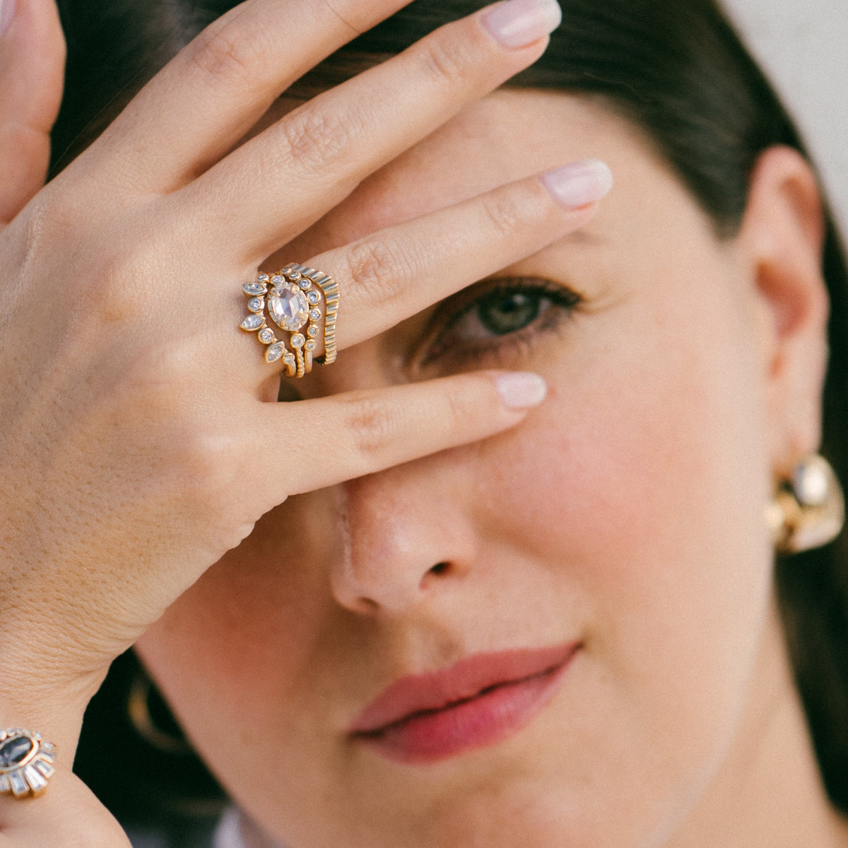 Jane Diamond Ring stacked with ready to ship rings and bands -14k gold - kat cadegan jewellery