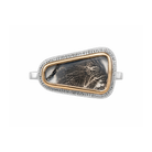 Mixed metal ring with a central dendritic agate stone boardered by 14K yellow gold and sterling silver
