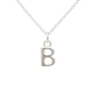 Silver necklace with a letter 'B' pendant on a white background