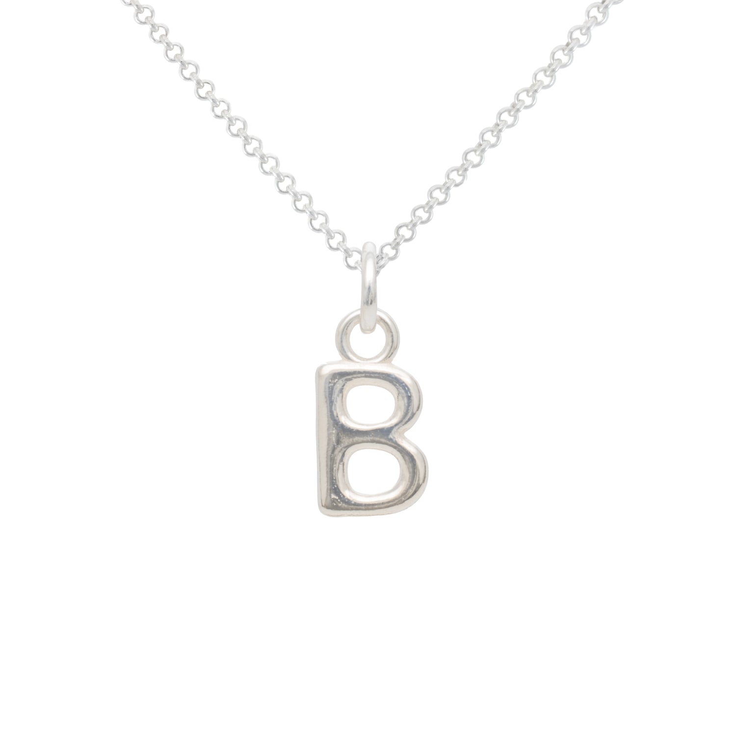 Silver necklace with a letter 'B' pendant on a white background