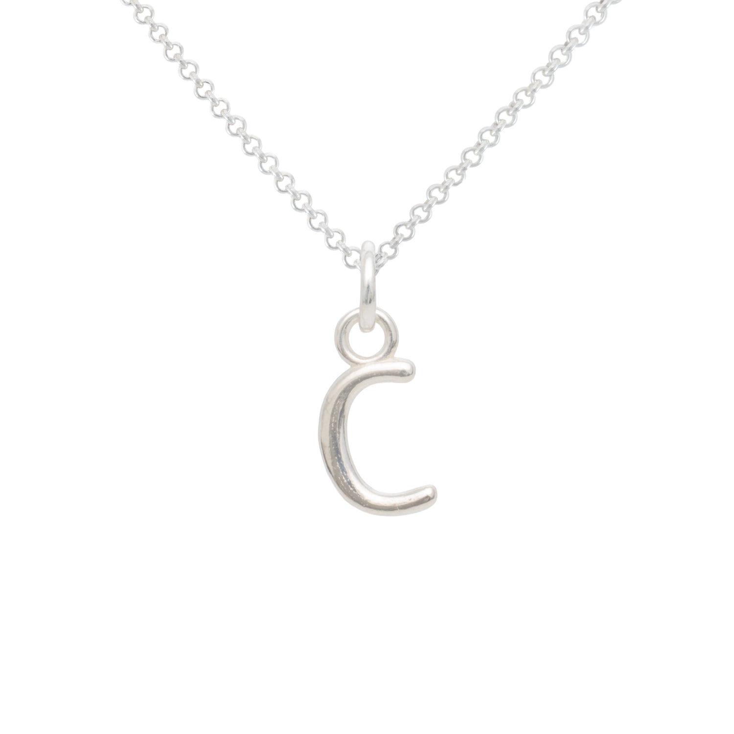 Silver necklace with a crescent moon pendant on a white background