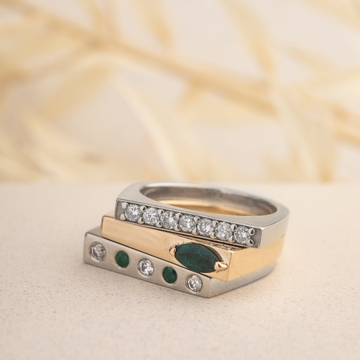 Kat Cadegan custom rings - stacked bands with diamonds.