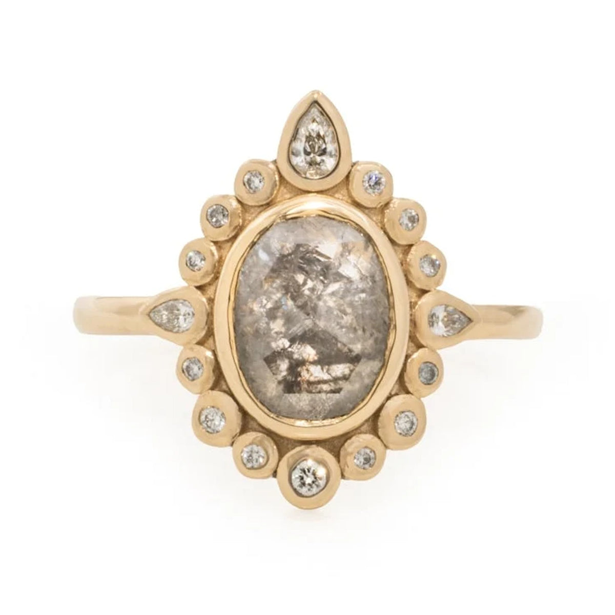 Charlotte ring with a 1.68ct rose cut salt and pepper diamond and a diamond halo in 14k gold, front view