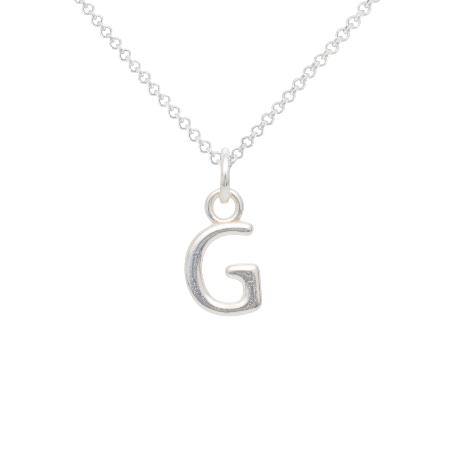 Silver necklace with a 'G' pendant on a white background