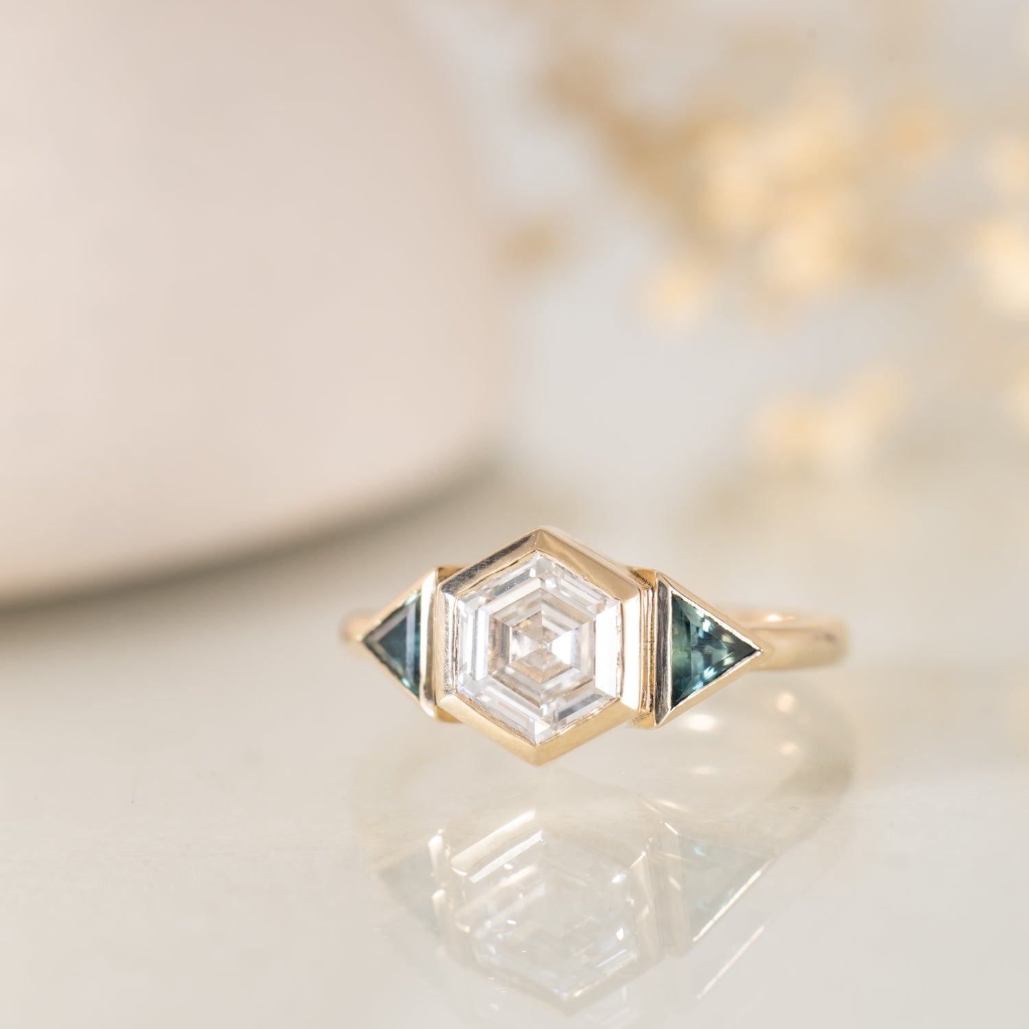 Dana - Hex Diamond and Sapphire gold ring