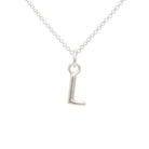 Silver necklace with a 'L' pendant on a white background