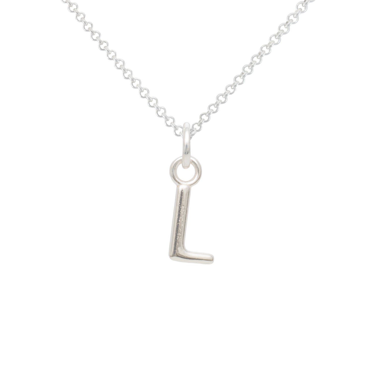 Silver necklace with a 'L' pendant on a white background