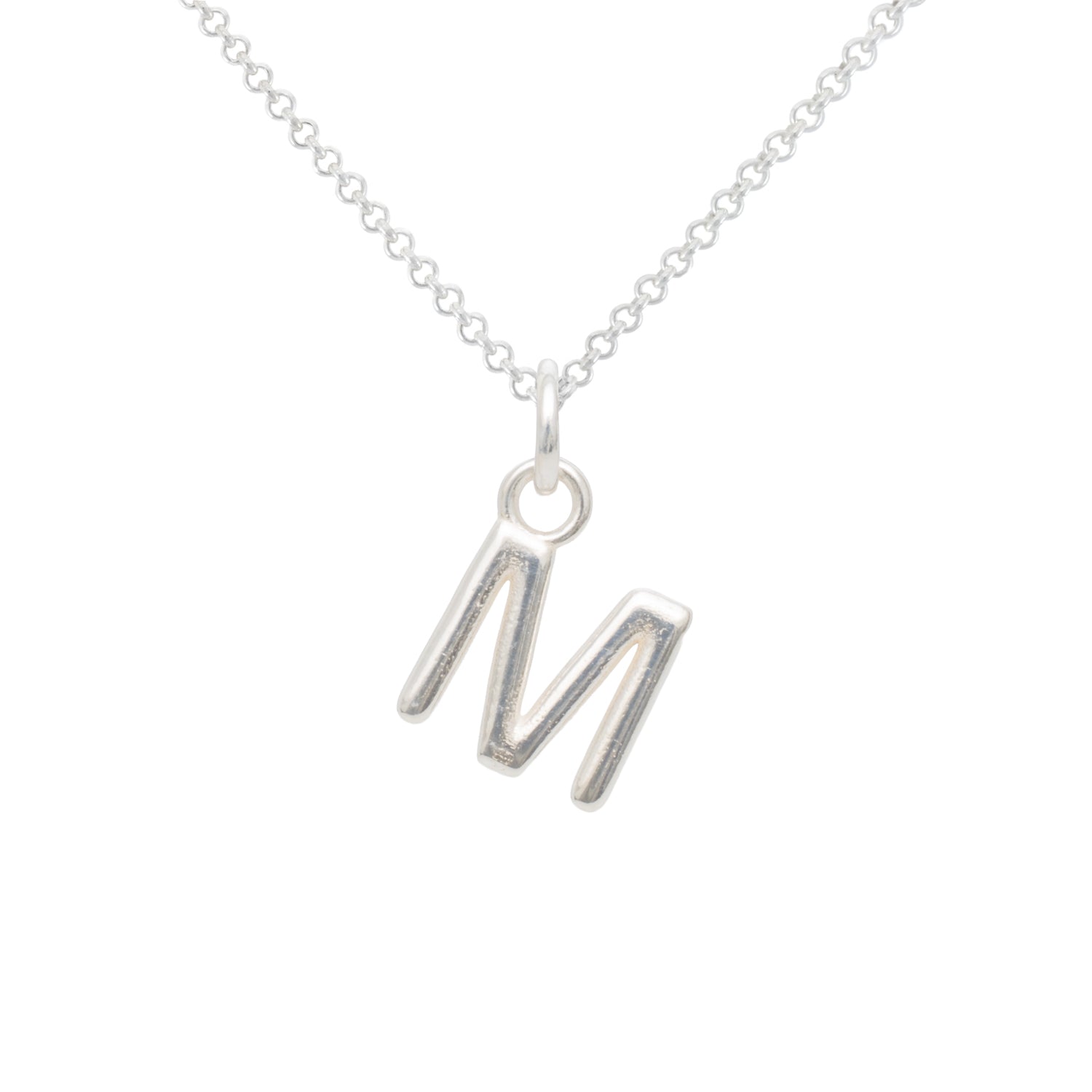 Silver necklace with a 'M' pendant on a white background