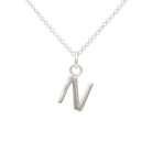 Silver necklace with a letter 'N' pendant on a white background