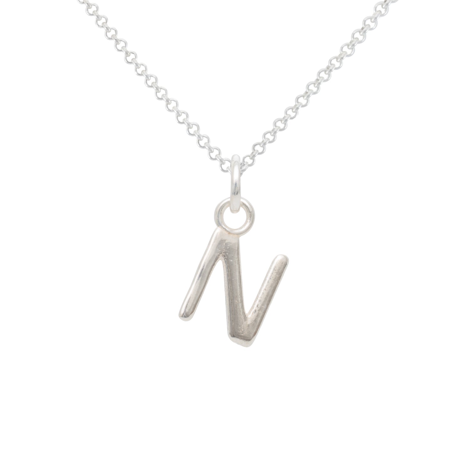 Silver necklace with a letter 'N' pendant on a white background