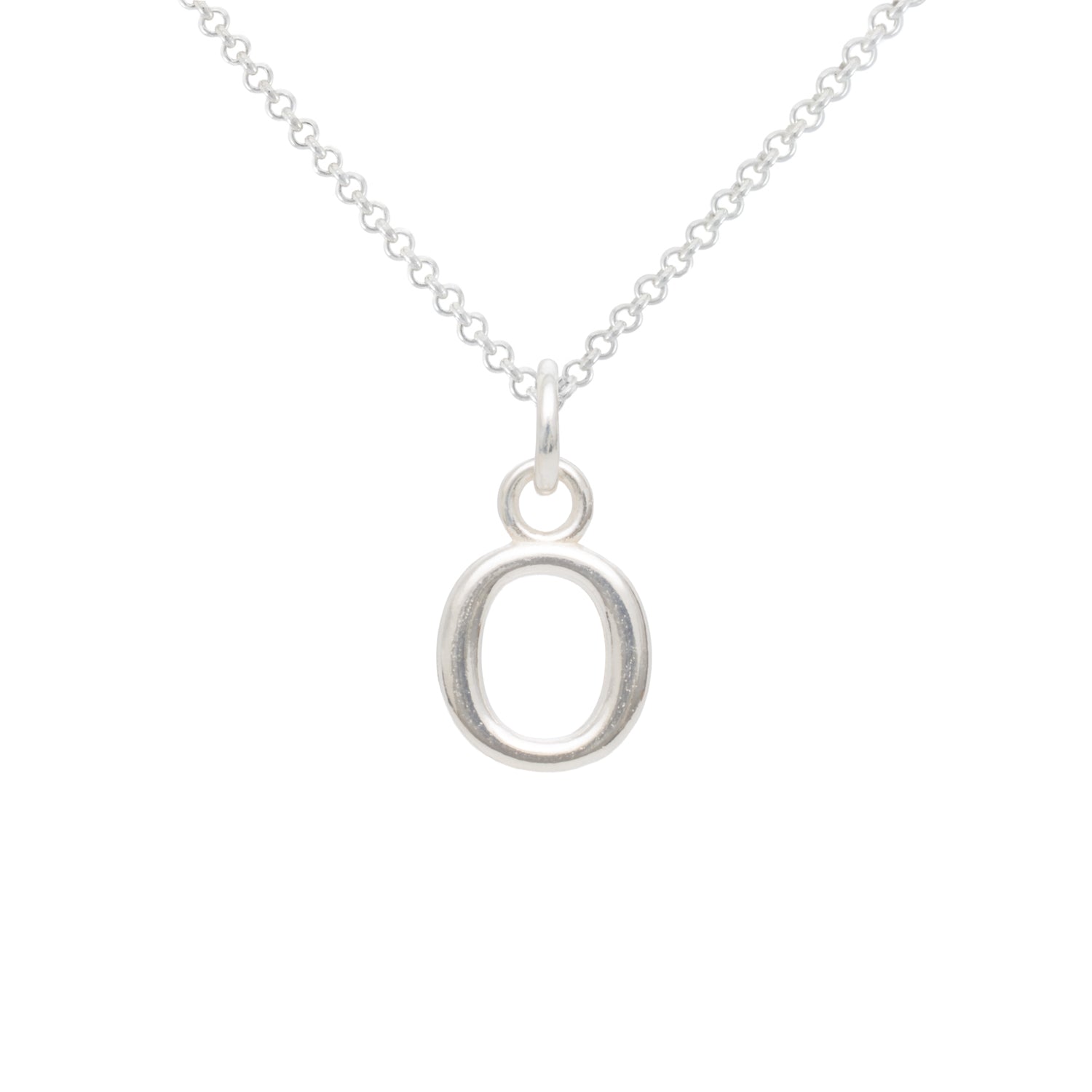 Silver necklace with a letter 'O' pendant on a white background