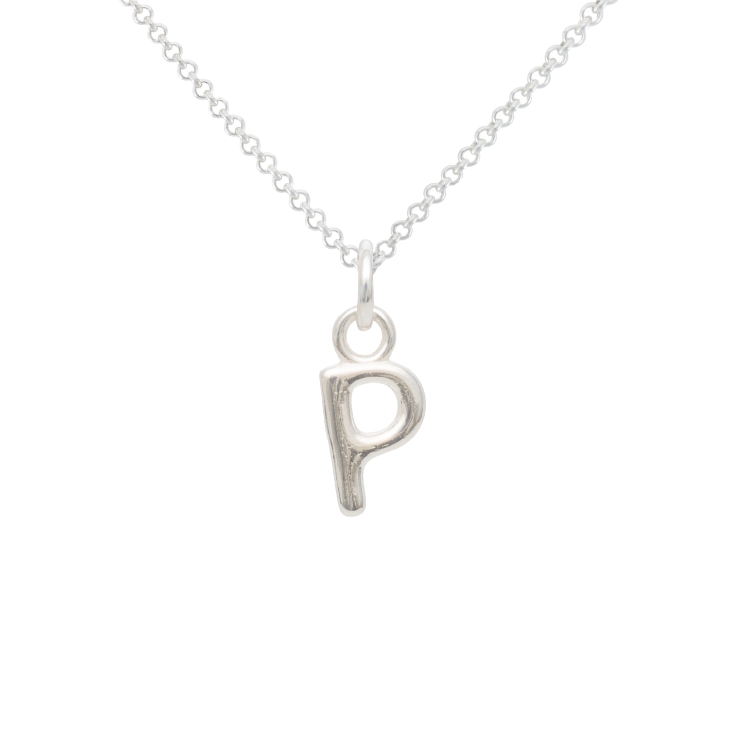 Silver necklace with a 'P' pendant on a white background