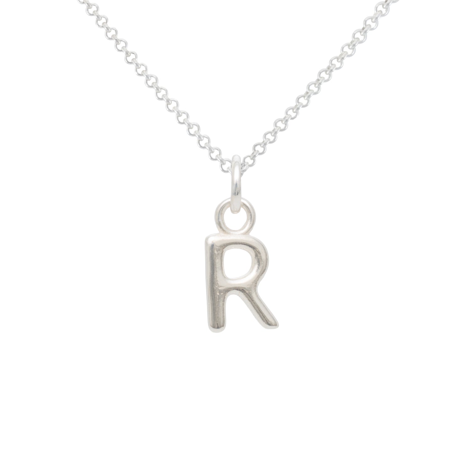 Silver necklace with a 'R' pendant on a white background