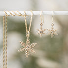 Kat Cadegan 2025 Snowflake 14k gold pendant with diamond on chain with small 14k gold snowflake earrings 