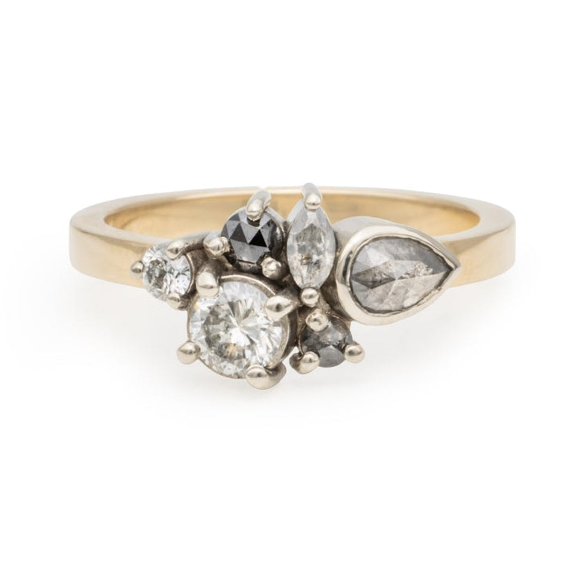 Susan custom cluster ring with white and grey pear, marquise and round stones on a yellow gold band, front view