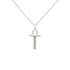Silver necklace with a 'T' pendant on a white background