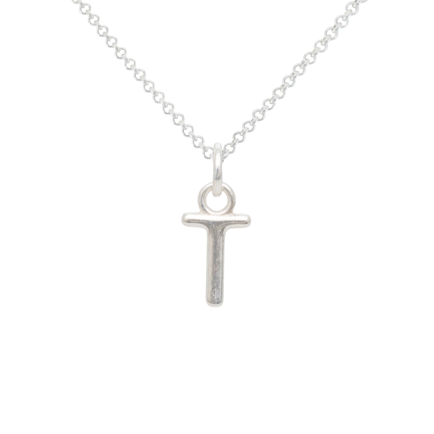 Silver necklace with a 'T' pendant on a white background