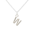 Silver necklace with a 'W' pendant on a white background