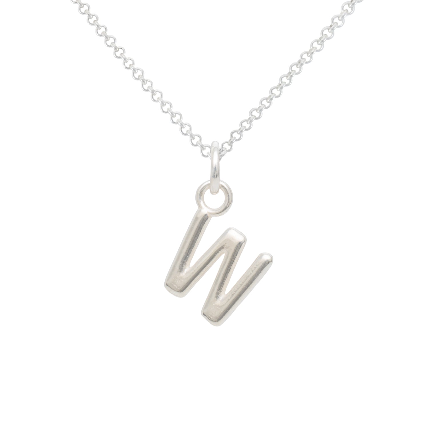 Silver necklace with a 'W' pendant on a white background
