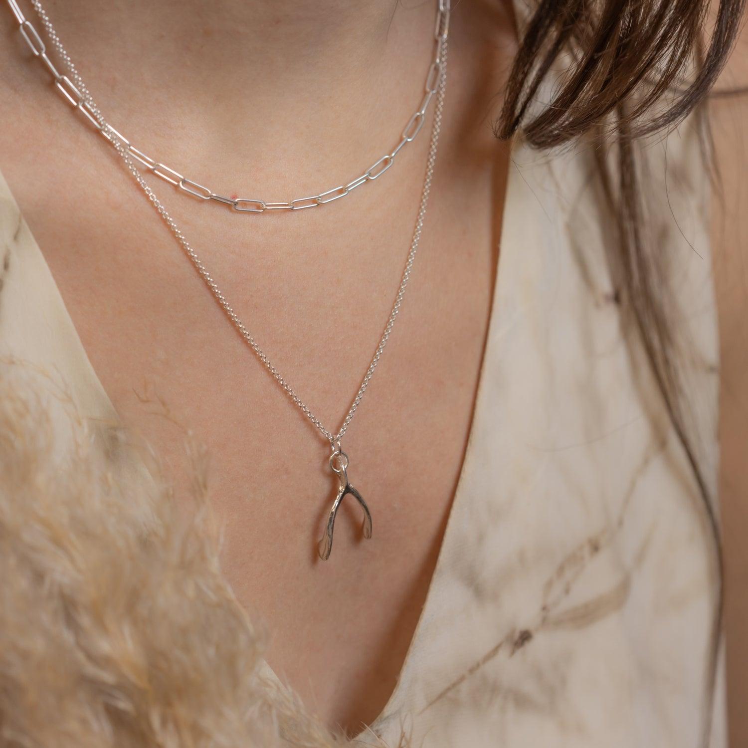Sterling Silver Wishbone Necklace on Bobble Chain - Wisteria London