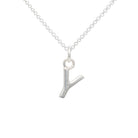 Silver 'y' pendant on a chain against a white background